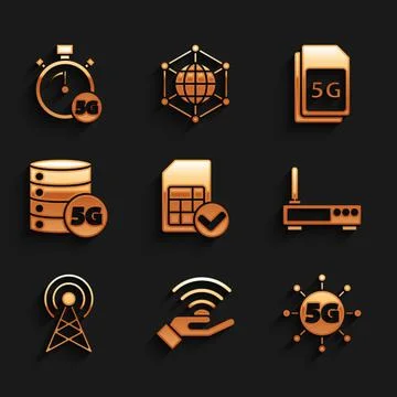Set Sim card, 5G network, Router and wi-fi signal, Antenna, Server, Card and Stock Illustration