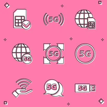 Set Sim card, 5G network, Globe Card,  and  icon. Vector Illustrazione stock