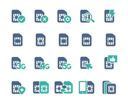 Set of SIM card flat icons. 3G, 4G, 5G - network, mobile internet, EMV chip 스톡 일러스트