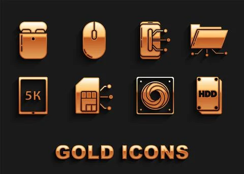 Set Sim card, Folder and lock, Hard disk drive HDD, Computer cooler, Tablet with 스톡 일러스트