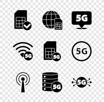 Set Sim card, Globe 5G Card, Location network, Antenna, Server, and icon. Vector Stock Illustration