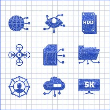 Set Sim card, Internet of things, Monitor display with 5k video, Folder and lock 스톡 일러스트