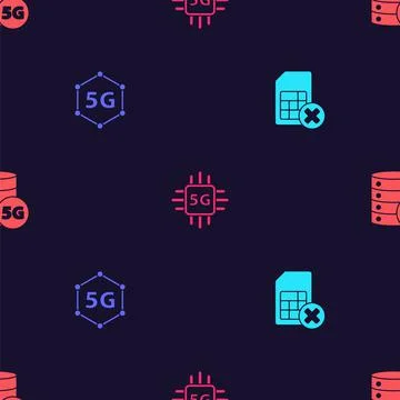 Set Sim card rejected, 5G network, Processor and Server on seamless pattern Stock Illustration