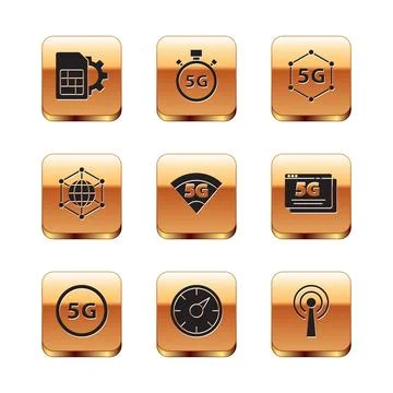 Set Sim card setting, 5G network, Digital speed meter, Social, Antenna and icon Stock Illustration