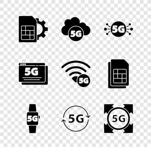 Set Sim card setting, Cloud 5G network, Smart watch, and icon. Vector Stockillustratie