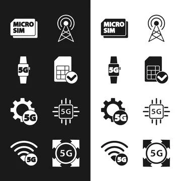 Set Sim card, Smart watch 5G network, Micro Card, Antenna, Setting, Process.. Stock Illustration