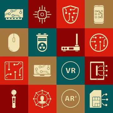 Set Sim card, Tablet, Processor, Cyber security, Video graphic, Computer mouse Illustrazione stock