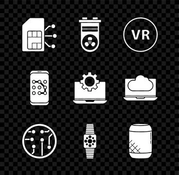Set Sim card, Video graphic, Virtual reality, Processor, Smartwatch, Voice Stock Illustration