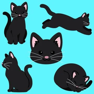 Set of simple and adorable black cat illustrations flat colored 库存插图