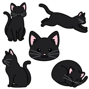 Set of simple and adorable black cat illustrations outlined Stock Illustration