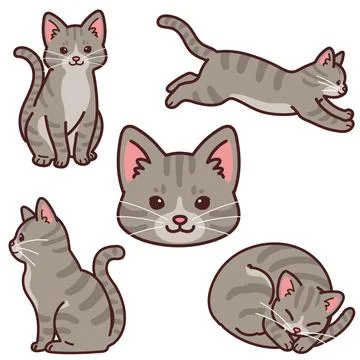 Set of simple and adorable Gray Tabby cat illustrations outlined Stock Illustration
