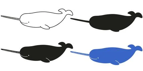 Set of simple and adorable Narwhal silhouette illustrations Stock Illustration