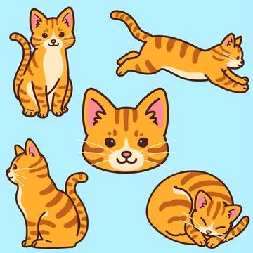 Set of simple and adorable Orange Tabby cat illustrations outlined Stock Illustration