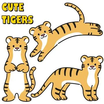 Set of simple and adorable tiger illustrations with outlines Stock Illustration