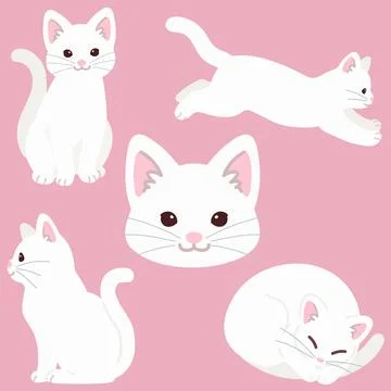 Set of simple and adorable white cat illustrations flat colored Stock Illustration