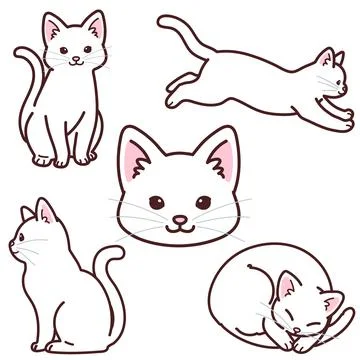 Set of simple and adorable white cat illustrations outlined Stock Illustration