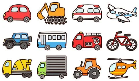 Set of simple and cute tranportation vehicles illustrations Stock Illustration