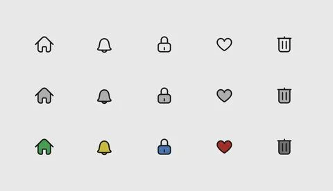 Set of simple, basic icons. Home, bell, lock, like and trash iconography. Stock Illustration