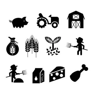 Set of simple black and white vector farming icons Stock Illustration