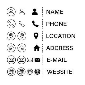 Set of simple black and white icons for contact information including perso.. Stock Illustration