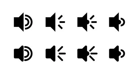 Set of simple black speaker icons showing various sound levels and mute opt.. Stock Illustration