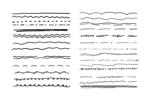 Set of simple black underline lines with pen, pencil, marker. Doodle letters. Illustrazione stock