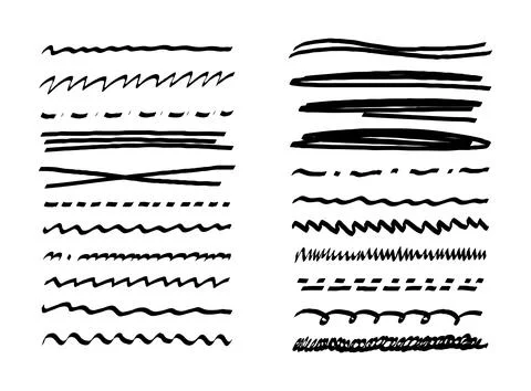 Set of simple black underline lines with pen, pencil, marker. Doodle letters Stockillustratie
