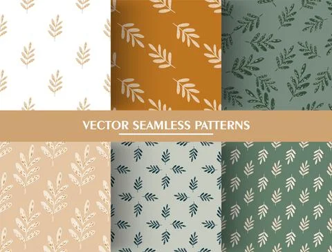 Set of simple botanic seamless pattern with leaf branches silhouettes. Leaves Stock Illustration