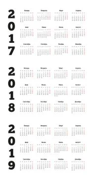 Set of simple calendars in russian on 2017, 2018, 2019 years Stock Illustration