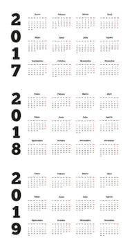 Set of simple calendars in spanish on 2017, 2018, 2019 Stock Illustration