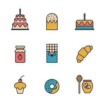 Set of Simple colored delicious sweet food icon in trendy line style isolated Stock Illustration