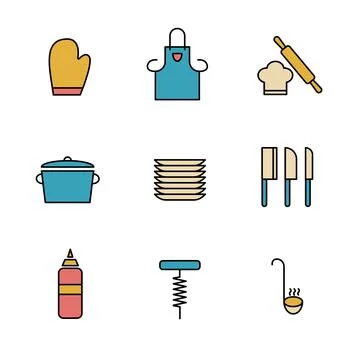 Set of Simple colored kitchen utensils icon in trendy line style isolated on  Stock Illustration