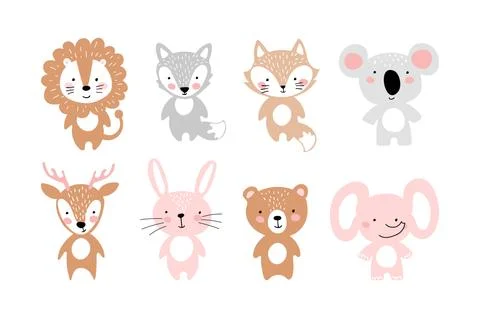 Set of simple cute animals for invitation, party, nursery, baby shower. Bear, Stock Illustration