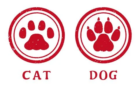 A set of simple, cute cat and dog paw print stamp illustrations. Red ink st.. Stock Illustration