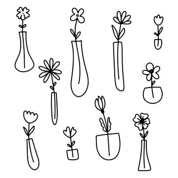 Set of simple doodle Vector plants and flowers in pots and vases . Vector flat Stock-Illustration