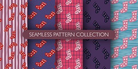 Set of simple doodle winter seamless pattern with christmas socks. New year s Stock Illustration