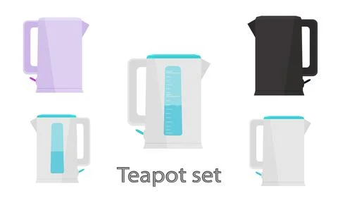 A set of simple electric kettles in different colors and options. Minimalistic Stock Illustration