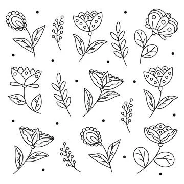 Set of simple elements of flowers and plants Stock Illustration