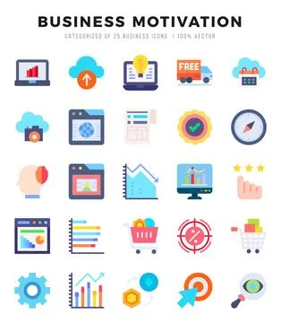 Set of simple Flat BUSINESS MOTIVATION Icons. Flat art icons pack. Vector i.. Stockillustratie