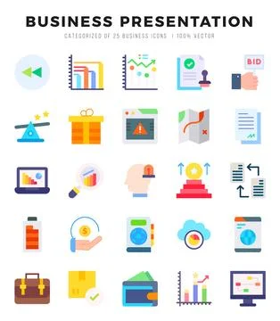 Set of simple Flat Business Presentation Icons. Flat art icons pack. Vector.. Stock Illustration