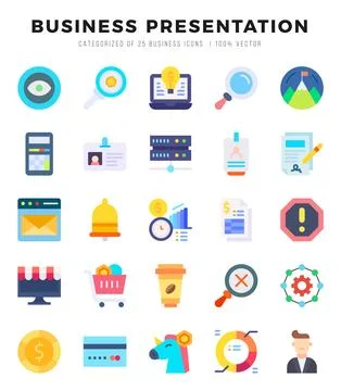 Set of simple Flat Business Presentation Icons. Flat art icons pack. Vector.. Stock Illustration