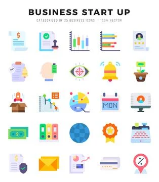 Set of simple Flat Business Start Up Icons. Flat art icons pack. Vector ill.. Stock Illustration