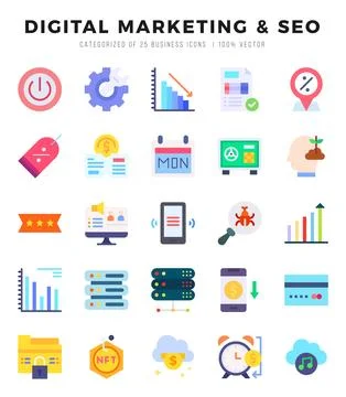 Set of simple Flat DIGITAL MARKETING &amp; SEO Icons. Flat art icons pack. Vect.. Stock Illustration