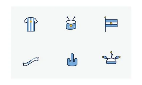 Set of simple flat icons representing argentina soccer fans including jerse.. Ilustração Stock