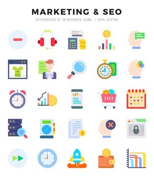 Set of simple Flat Marketing &amp; Seo Icons. Flat art icons pack. Vector illus.. Stock Illustration