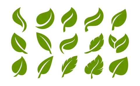 Set of simple flat organic leaf design template. Green natural leaf icon set. Stock Illustration