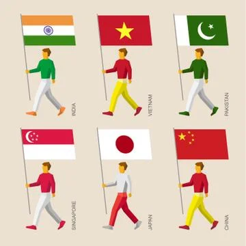 Set of simple flat people with flags of Asian countries Stockillustratie