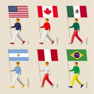 Set of simple flat people with flags of American countries 스톡 일러스트