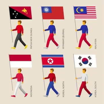 Set of simple flat people with flags of Asian countries 스톡 일러스트