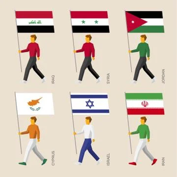 Set of simple flat people with flags of Asian countries Stock Illustration